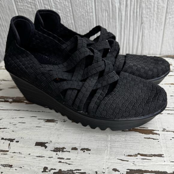 Bernie Mev. Black Strappy Wedge Platform Shoes Size 39 or U.S. Size 8 Woven - Picture 8 of 9